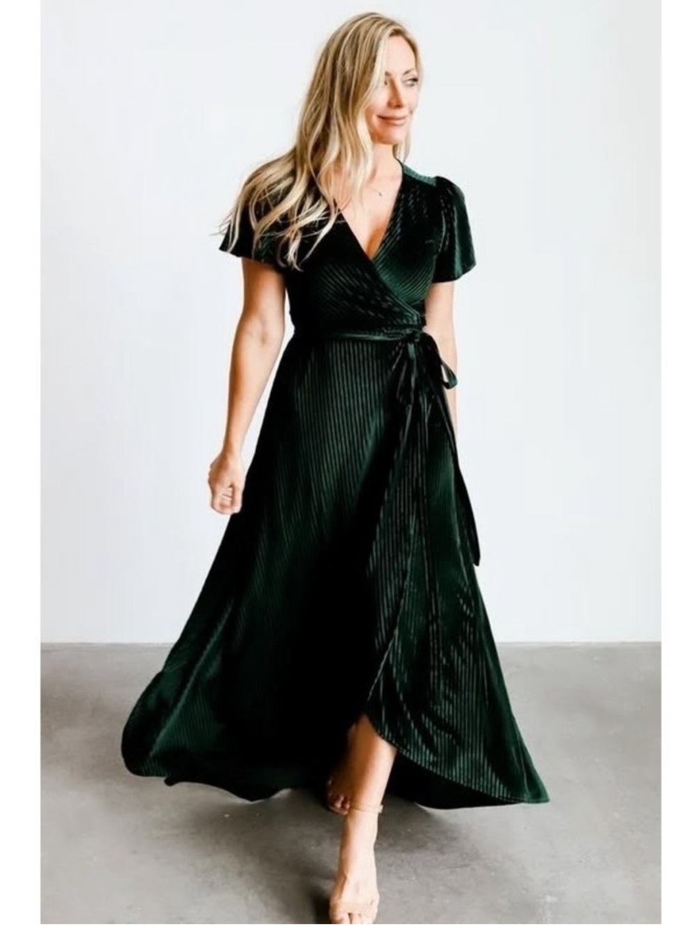 Baltic Born Andi Green Velvet Ribbed Wrap Maxi Dress Medium Special Occasion